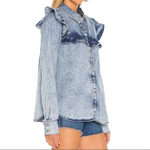 Free People Samantha Acid Wash Ruffle Blouse in Denim Sz XS